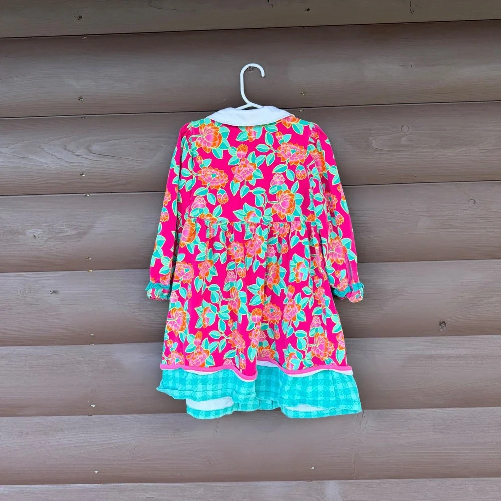 Gymboree Floral Dress Kids Size Large Pink Orange Teal Long Sleeve Button Front
